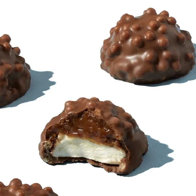 Hérissons Chocolats Cémoi Bondues Bonbons en chocolat avec une garniture crémeuse et croustillante, dont l'un est coupé.